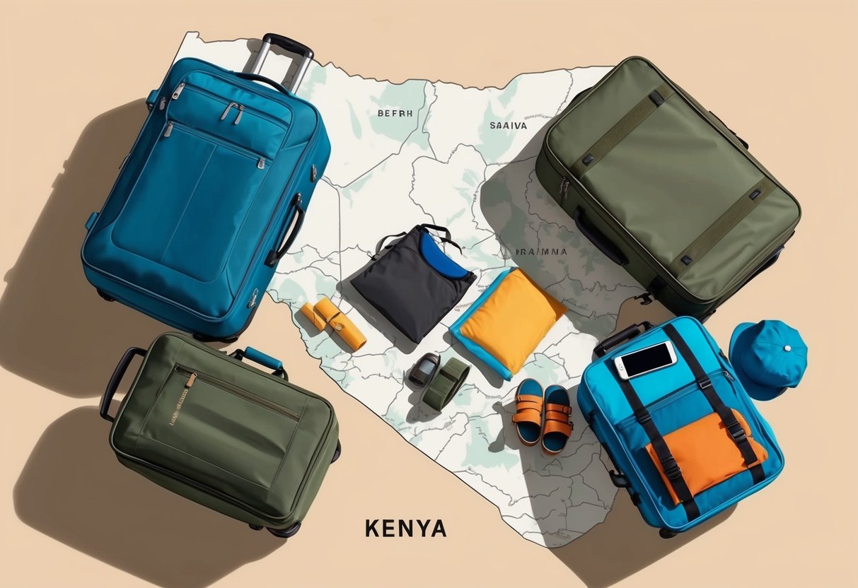 A family unpacks suitcases, laying out safari gear and beach essentials on a map of Kenya