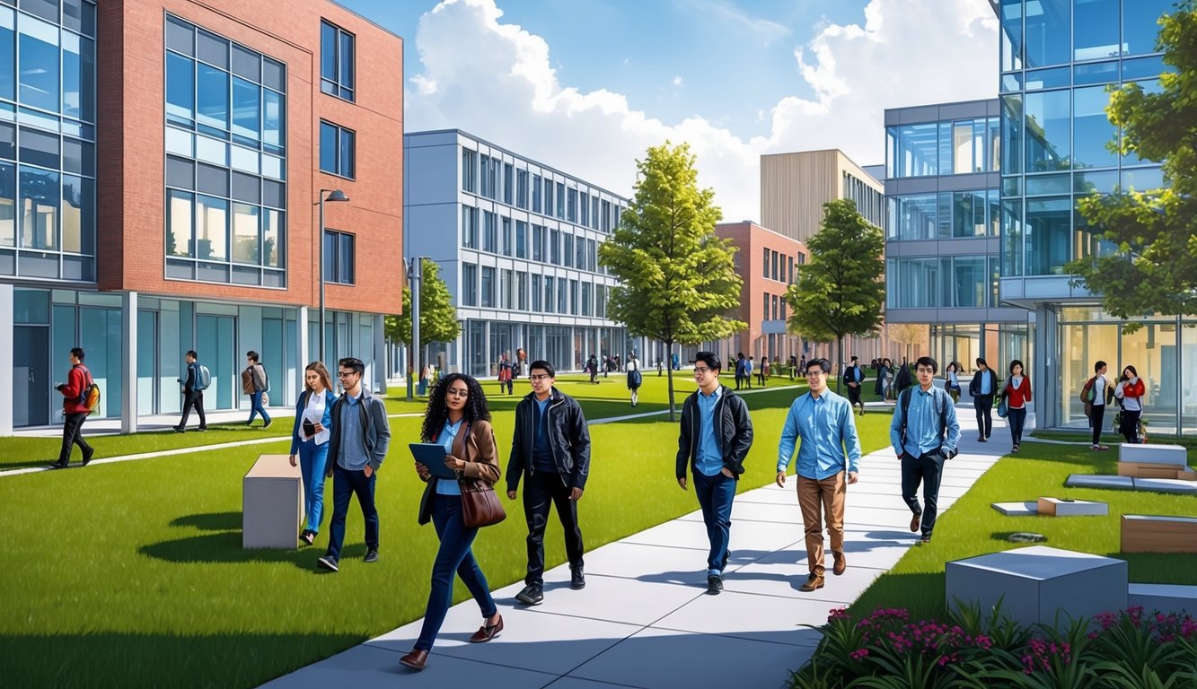 Modern binalar ve yeşil alanlar arasında yürüyen öğrencilerle dolup taşan bir üniversite kampüsü, endüstriyel tasarım mühendisliğine odaklanmış.