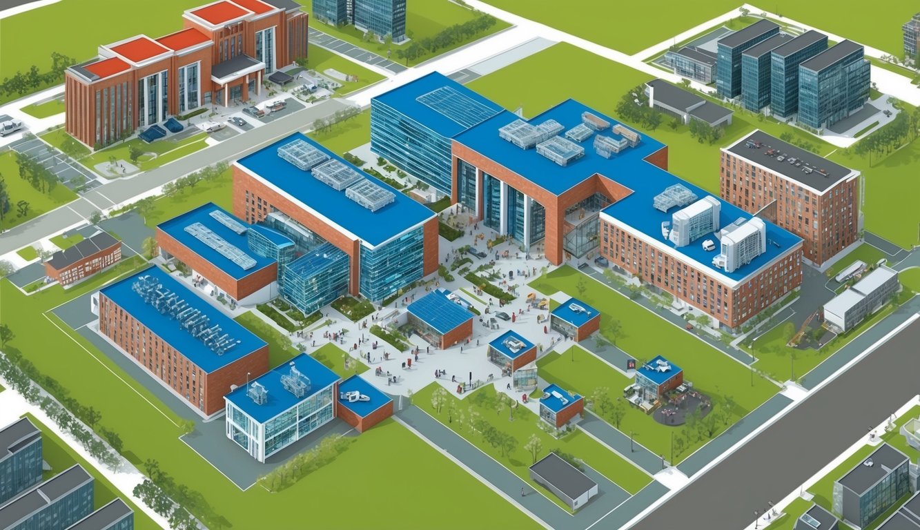 Modern enerji mühendisliği tesislerine sahip bir üniversite kampüsü ve canlı bir akademik ortamda öğrenim gören ve iş birliği yapan öğrenciler