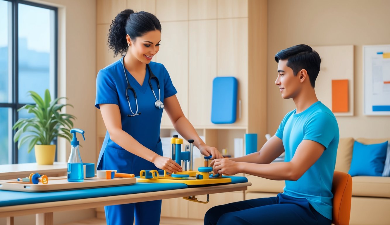 Rehabilitasyon ortamında bir müşteriyle çalışan bir terapist, günlük yaşam aktivitelerine yardımcı olmak için çeşitli araçlar ve ekipmanlar kullanıyor.
