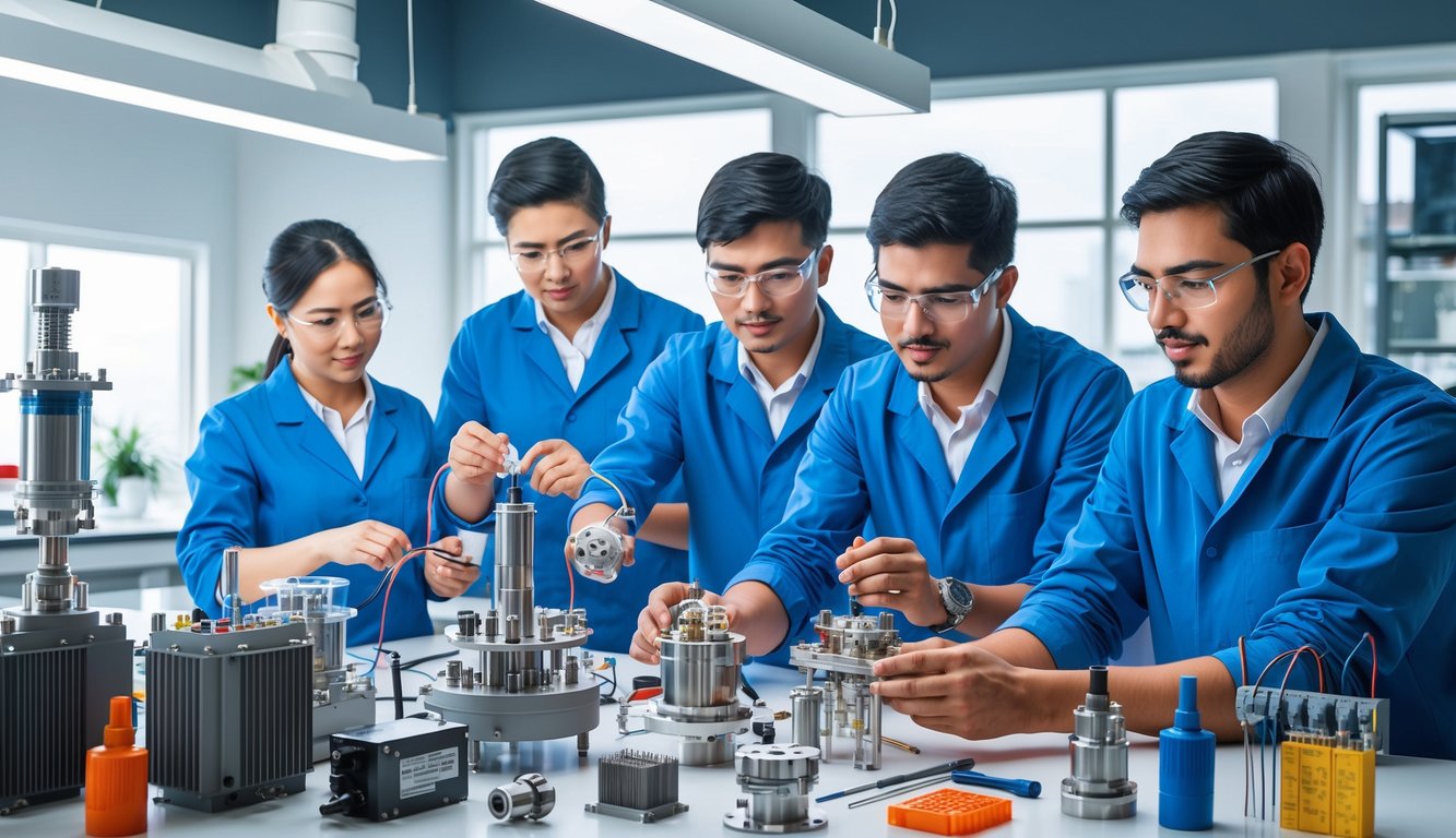 Modern bir laboratuvar ortamında çeşitli mekanik ve elektrik bileşenleri üzerinde çalışan bir mühendisler grubu