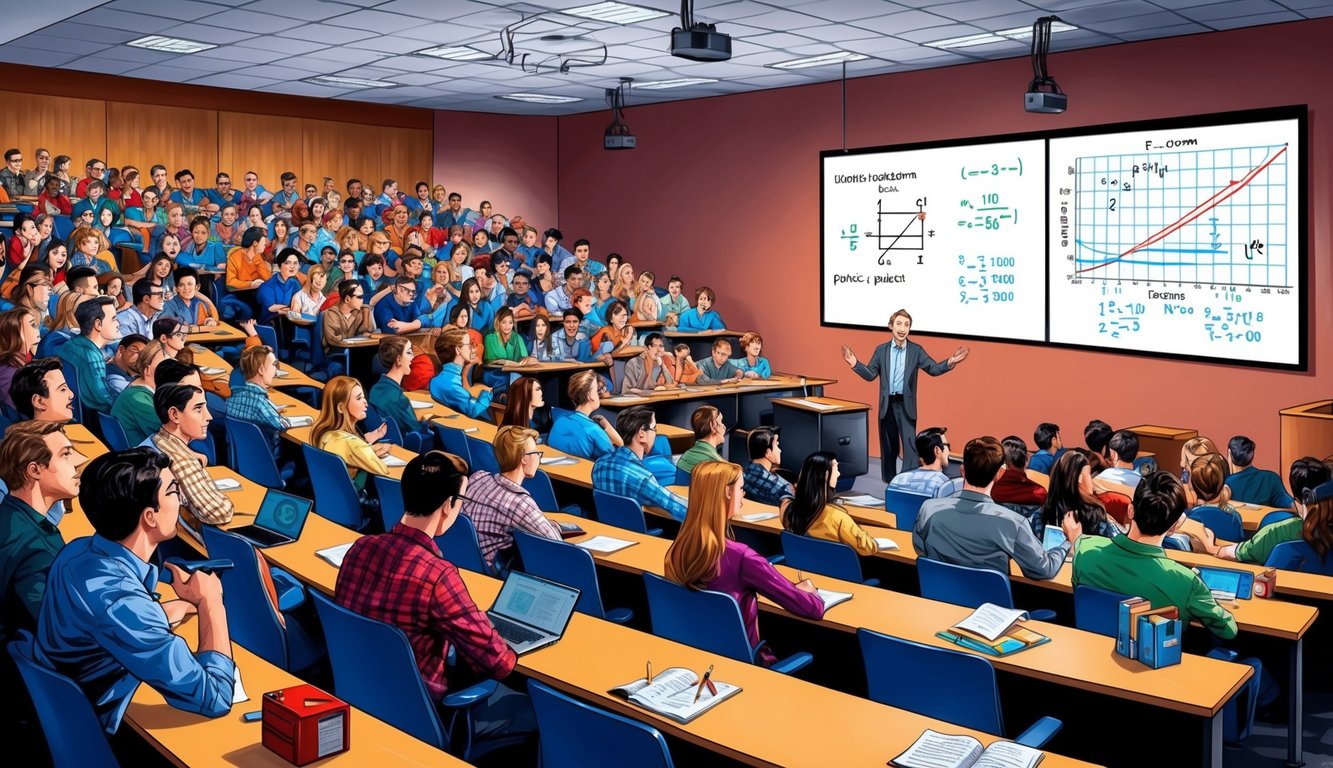 Öğrencilerin fizik kavramlarını açıklayan bir profesörü heyecanla dinlediği kalabalık bir konferans salonu, büyük bir ekranda denklemler ve diyagramlar gösteriliyor.