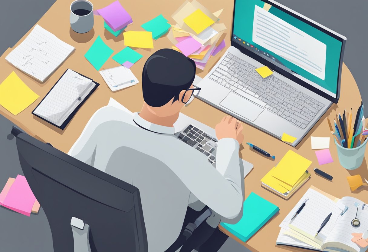 A desk with a computer, notebook, and pen. A person researching and brainstorming ideas, surrounded by keywords written on sticky notes