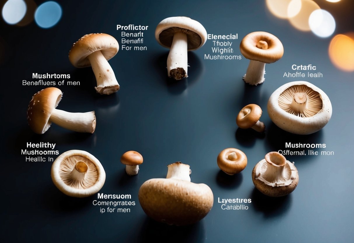 A group of nine different types of mushrooms arranged in a circle, each labeled with a different benefit for men