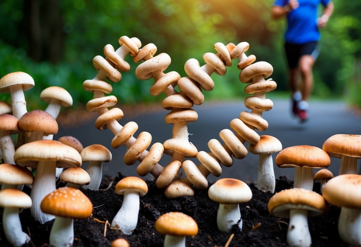 A group of mushrooms arranged in a heart shape, surrounded by various types of mushrooms with a male figure jogging in the background