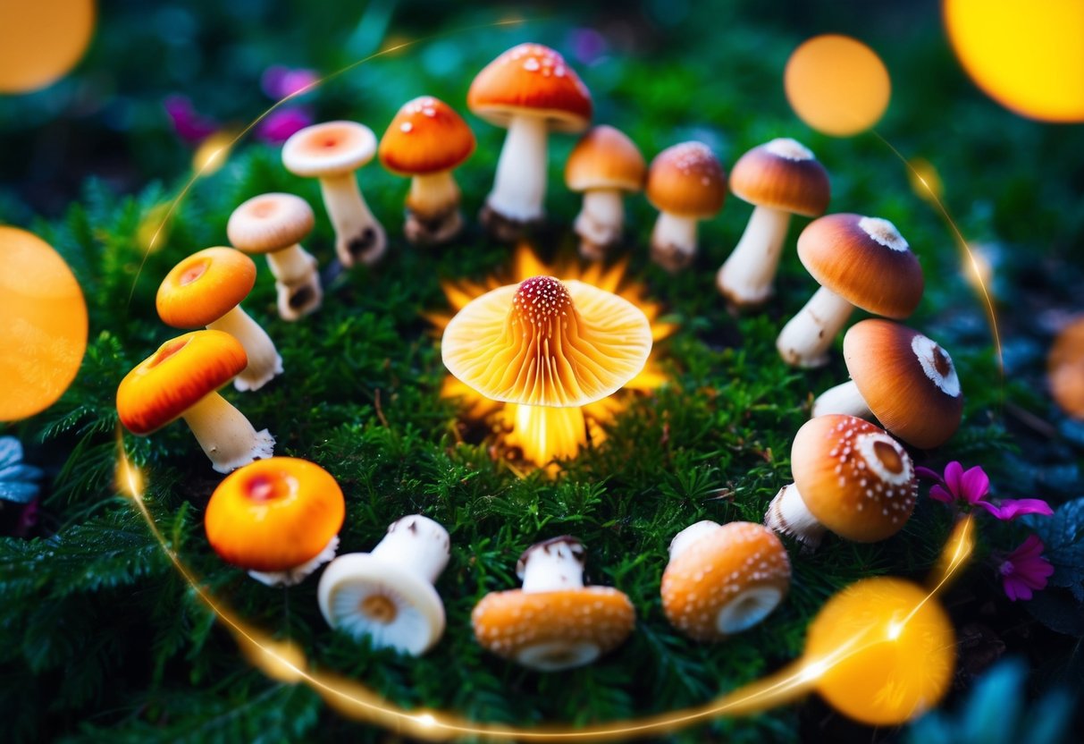 A group of various mushrooms arranged in a circle, with vibrant colors and different shapes, surrounded by a glowing aura of energy