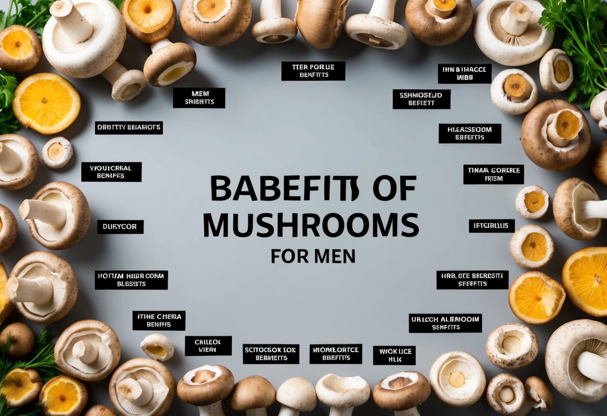 A variety of mushrooms arranged in a circle, each labeled with its unique benefits for men