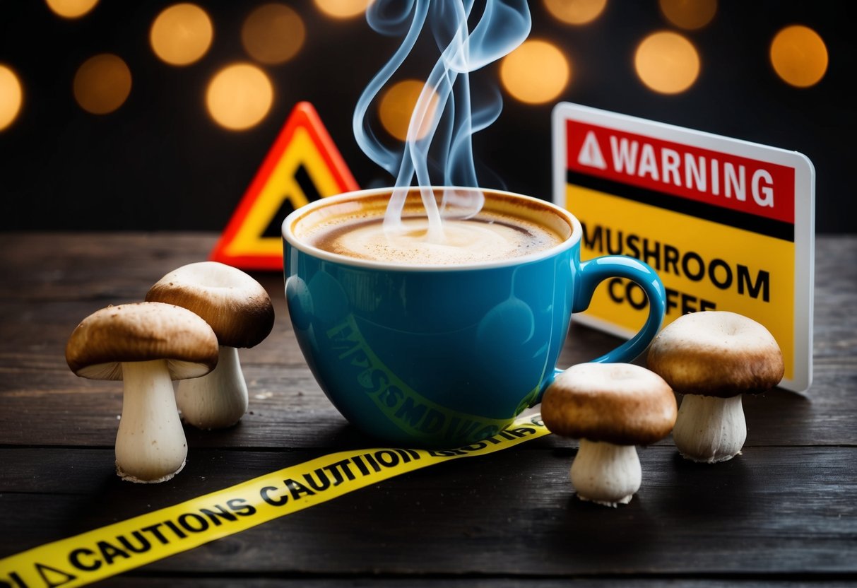 A steaming cup of mushroom coffee surrounded by four mushrooms, with a warning sign and a caution tape next to it