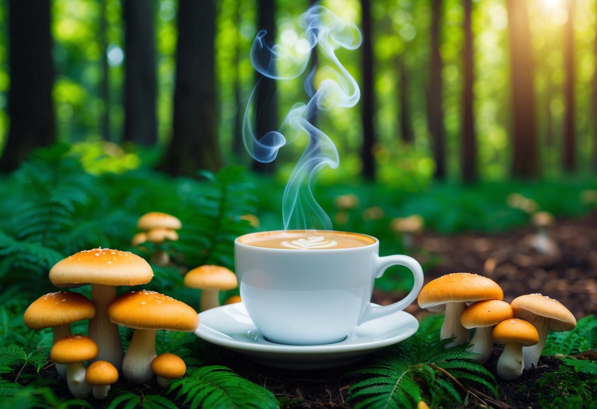 A serene forest clearing with a steaming cup of mushroom coffee surrounded by vibrant mushrooms and lush greenery