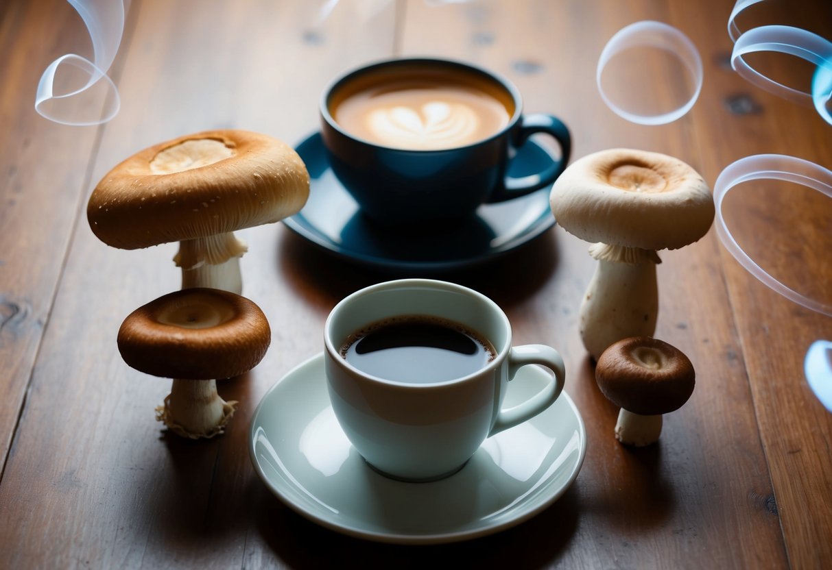 A table with four different types of mushrooms and a cup of coffee, with various effects swirling around them