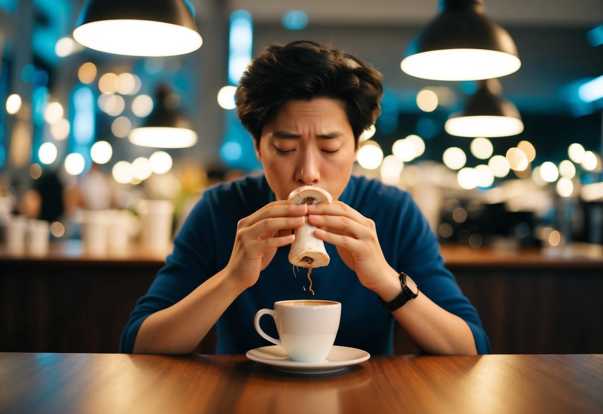 A person drinking mushroom coffee experiences dizziness, nausea, and increased heart rate