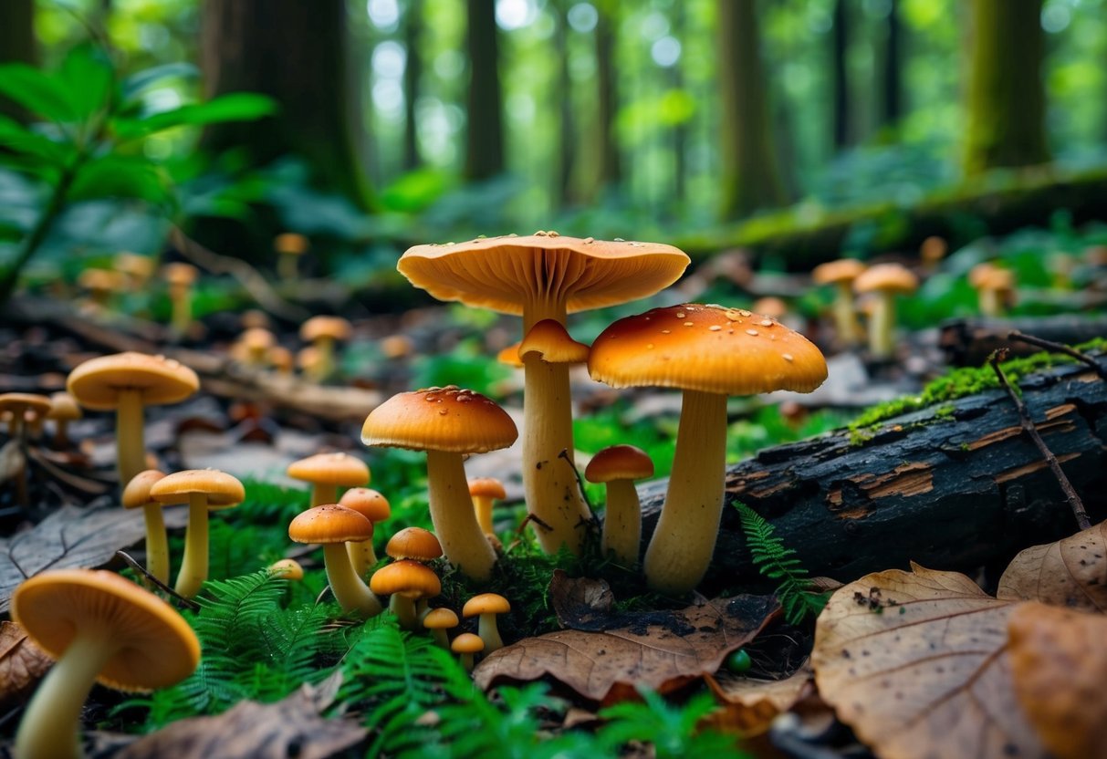 A lush forest floor with mushrooms sprouting up among fallen leaves and decaying logs, providing vital nutrients for insects and small animals