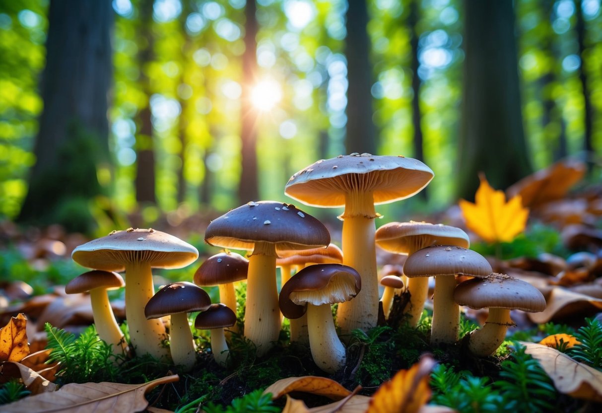 A variety of mushrooms growing in a lush forest, surrounded by fallen leaves and sunlight filtering through the trees