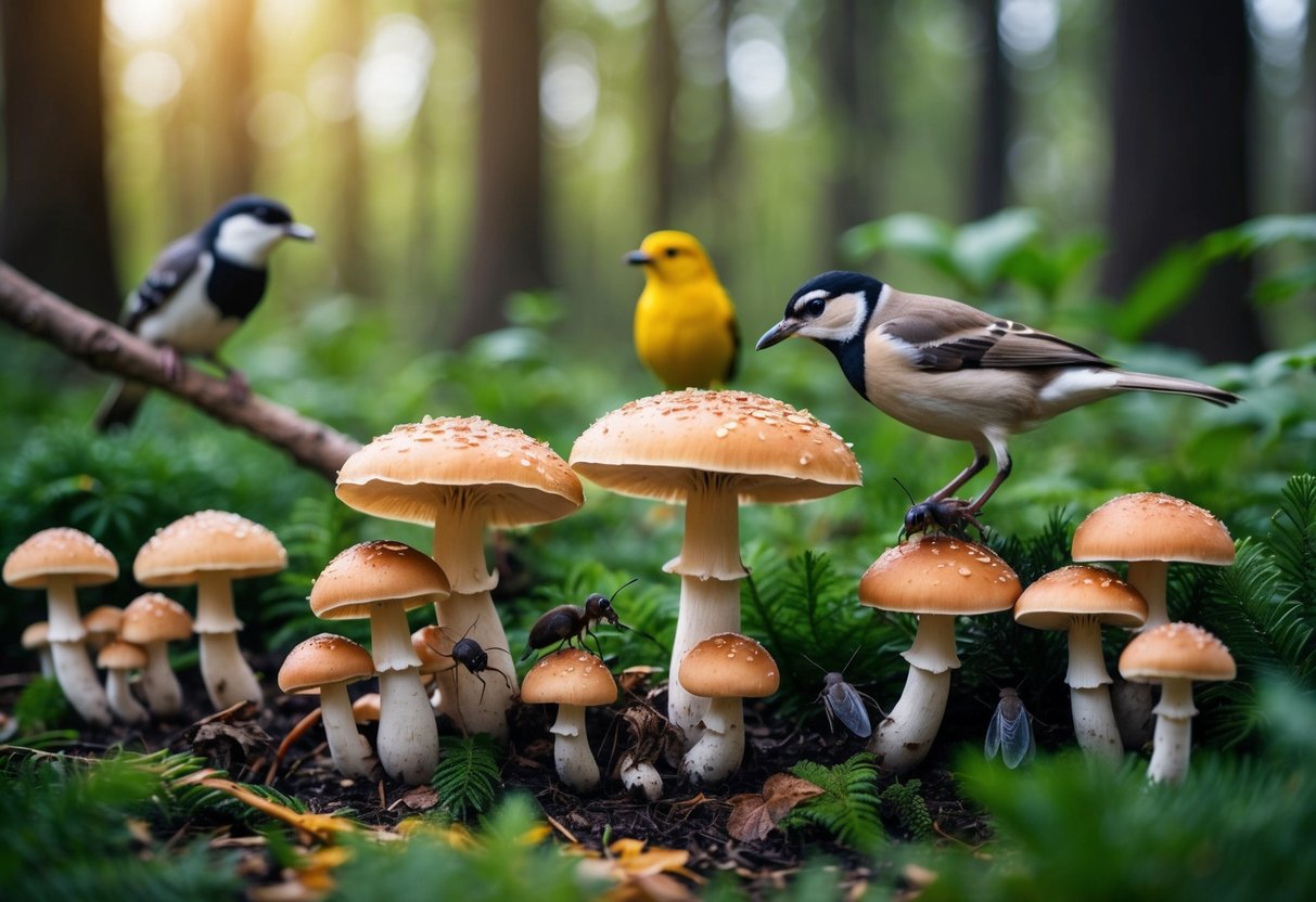 Mushrooms sprouting from forest floor, insects and small animals foraging among them, birds perched nearby, all part of the food chain