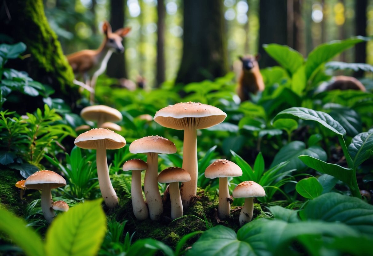 Mushrooms growing in a lush forest, surrounded by various plants and animals, showcasing their vital role in the food chain