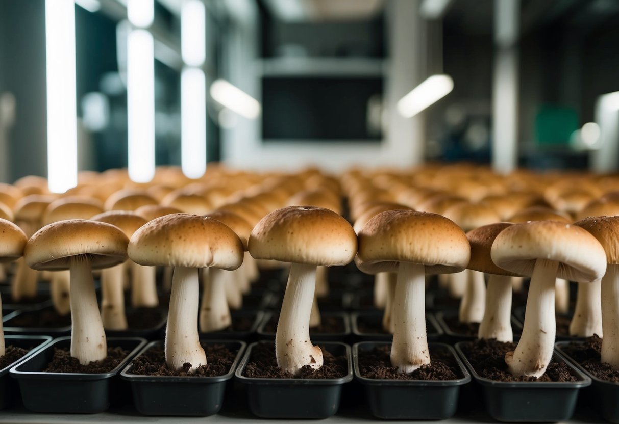 Porcini mushrooms growing in a controlled indoor environment with specialized equipment and lighting