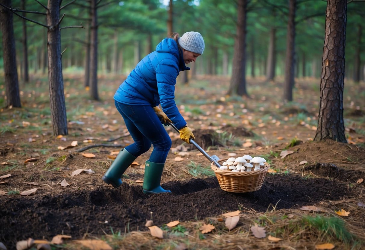 A person tilling soil in a forest clearing, surrounded by fallen leaves and pine trees, with a basket of porcini mushrooms at their side