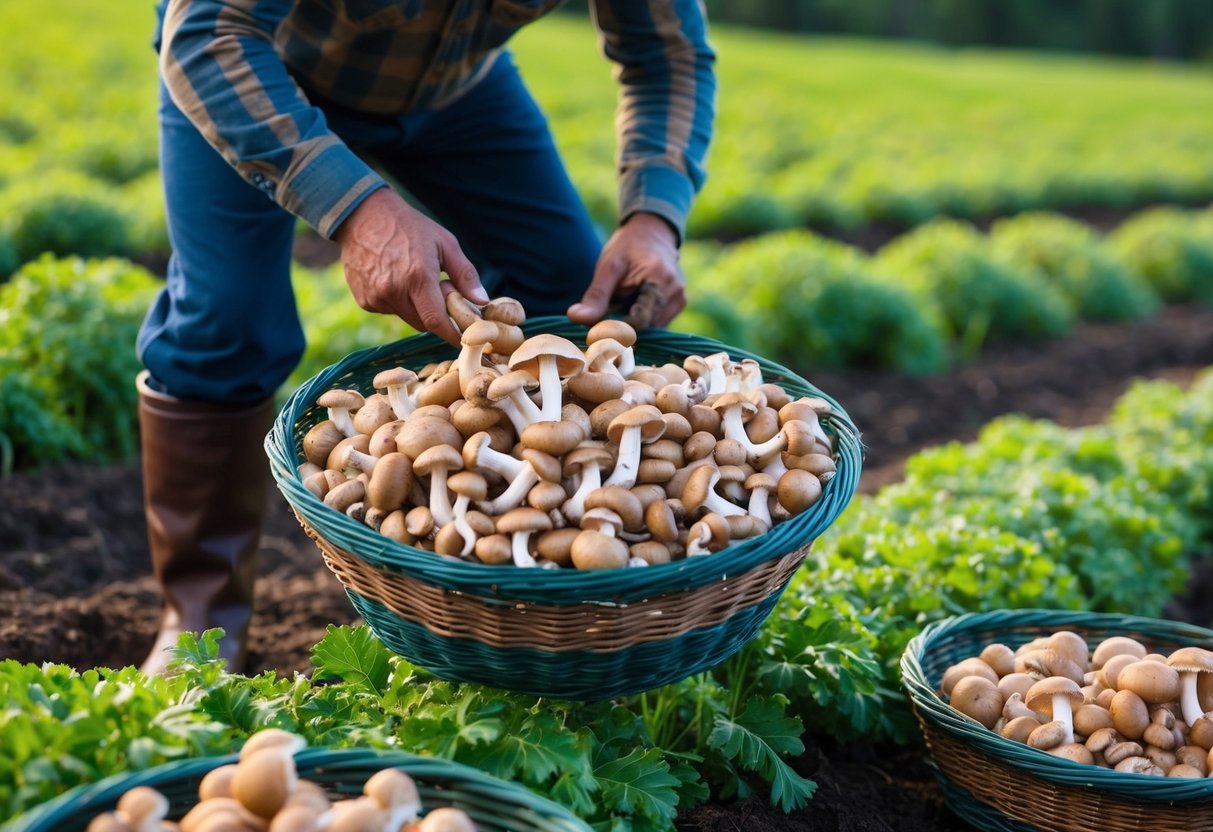 A farmer harvesting porcini mushrooms from a cultivated field, with baskets full of the mushrooms ready for utilization