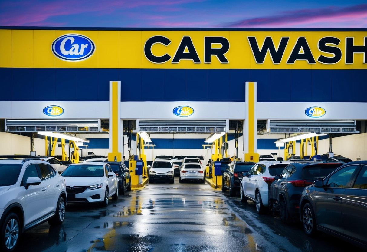 A line of cars waiting at the entrance of a large, brightly lit car wash facility. The building is adorned with the logo of one of the top three largest car wash chains