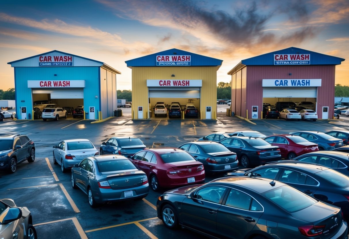 Three car wash buildings of varying sizes, with colorful signs and large parking lots. Long lines of cars waiting for service at each location