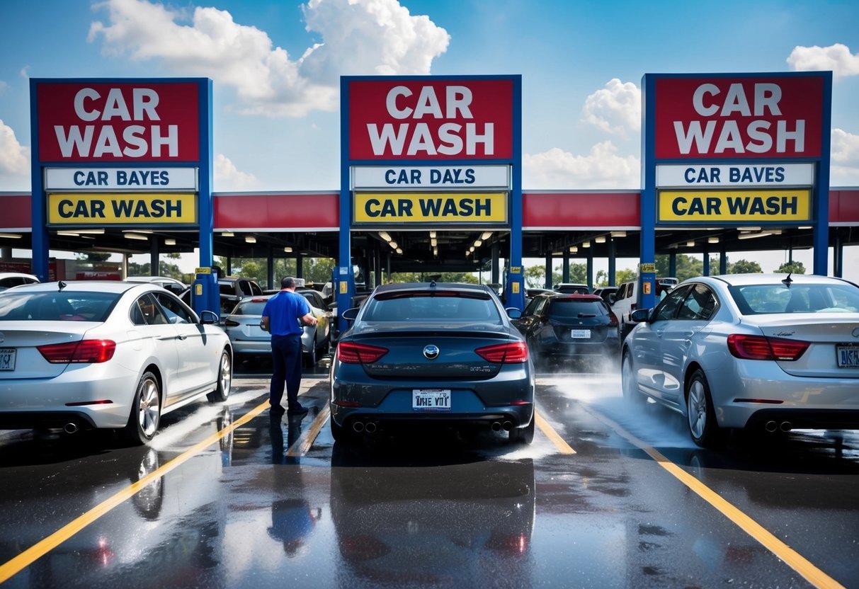 Three car wash locations with large signs and multiple lanes. Busy with cars being washed and employees working