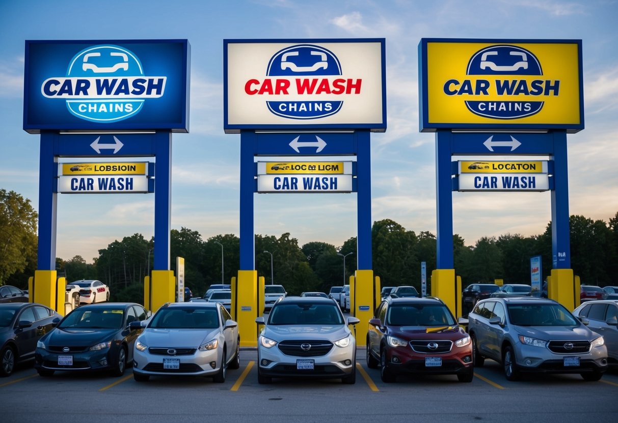 Three car wash chains' logos displayed on billboards with arrows pointing to their respective locations. A line of cars waiting to enter each car wash