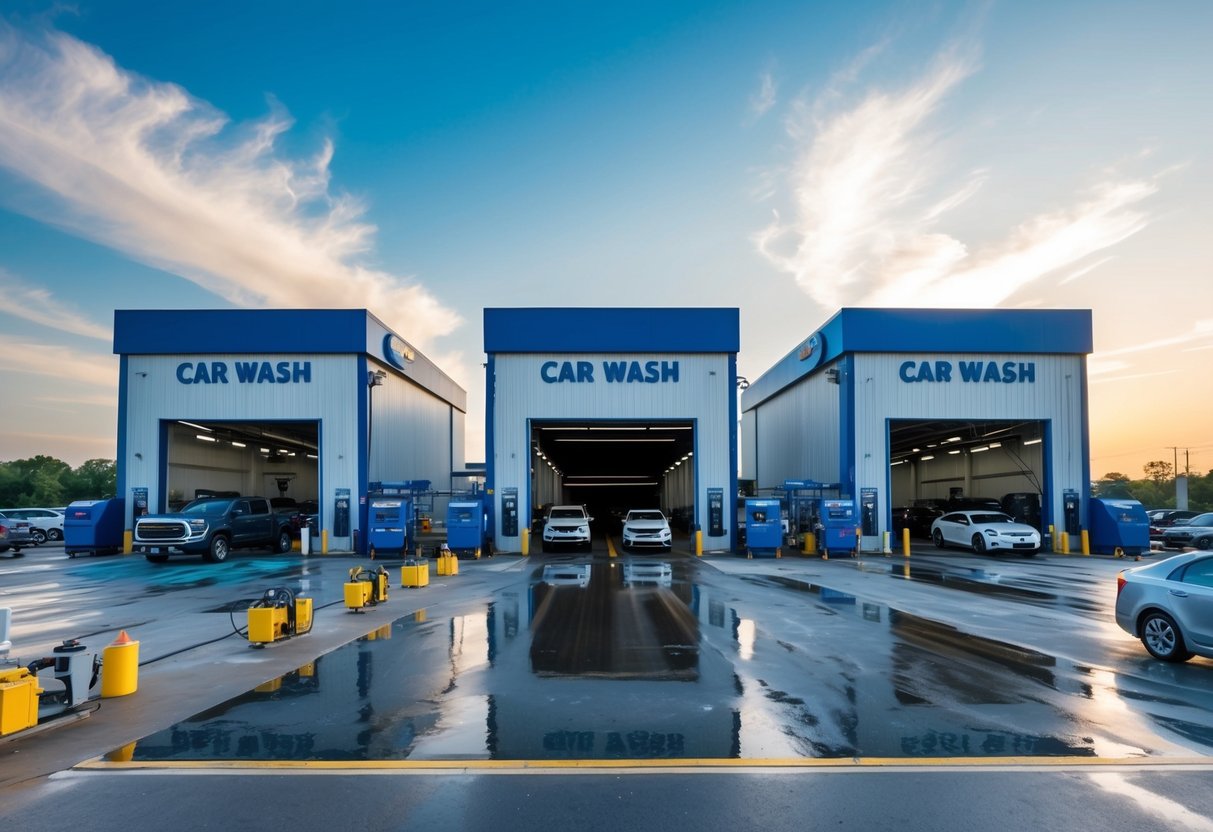 Three massive car wash buildings stand tall, surrounded by advanced cleaning equipment and high-tech machinery. A steady stream of vehicles flow in and out of the facilities