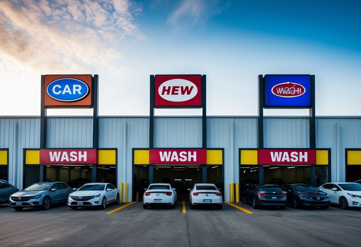 Three car wash buildings in a row, each with a large sign displaying the logo of a different chain. Cars lined up at each entrance