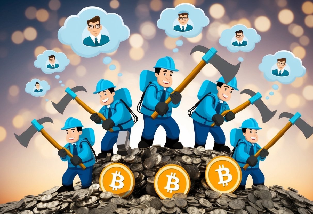 A group of cartoonish miners digging for bitcoins with comically oversized pickaxes, surrounded by floating myths in the form of thought bubbles