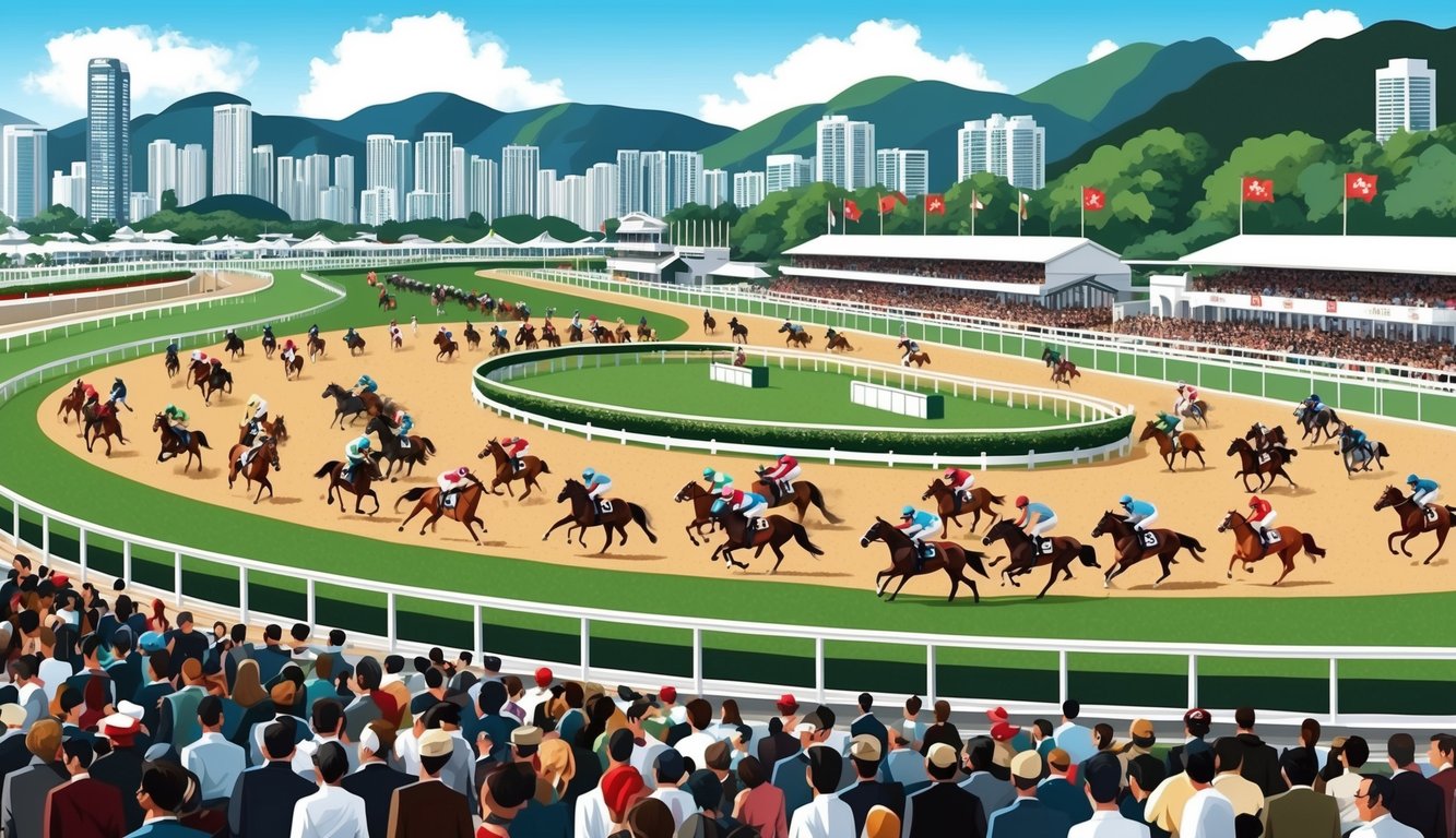 陽光明媚的一天，擠滿人群的香港賽馬場