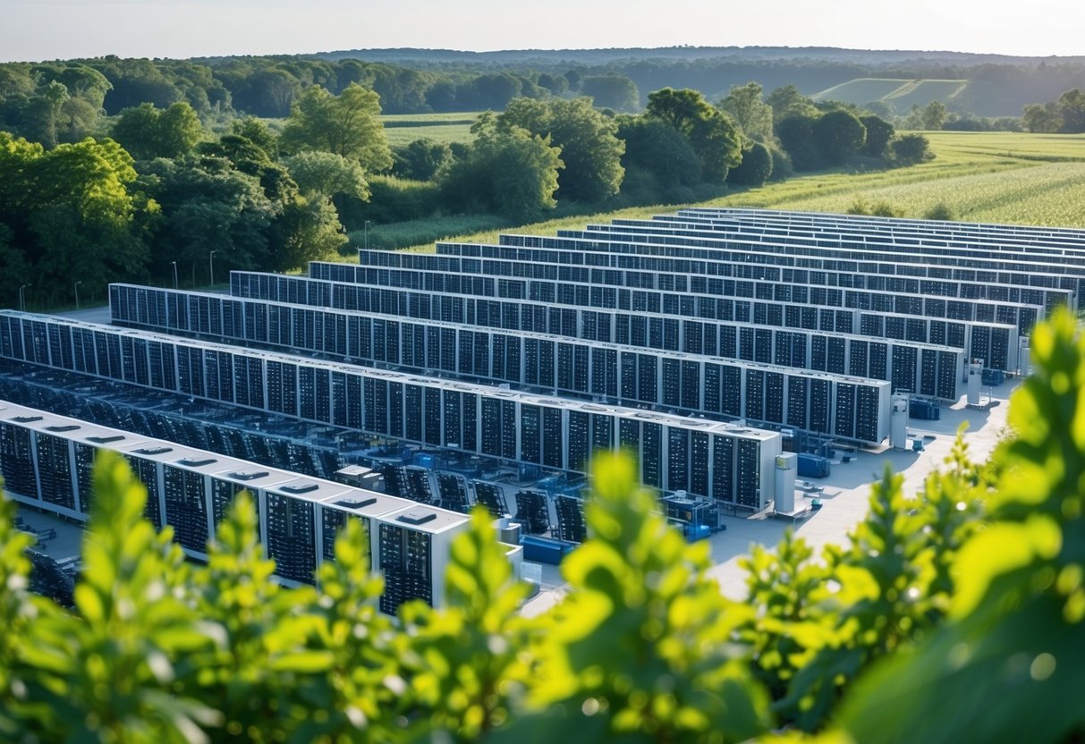 A solar-powered mining facility with rows of computer servers, surrounded by lush greenery and clean energy sources