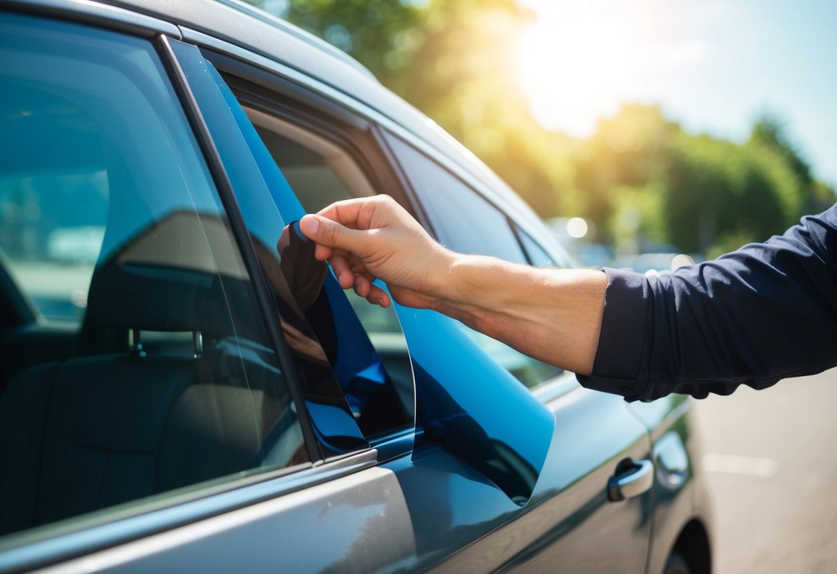 A hand reaching out to apply window tint to the exterior of a car window on a sunny day