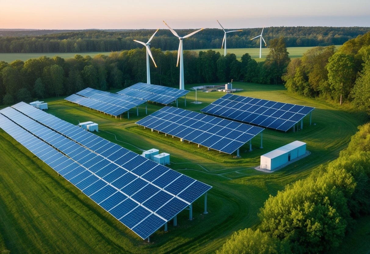 A serene landscape with solar panels and wind turbines powering a cryptocurrency mining facility nestled among lush greenery