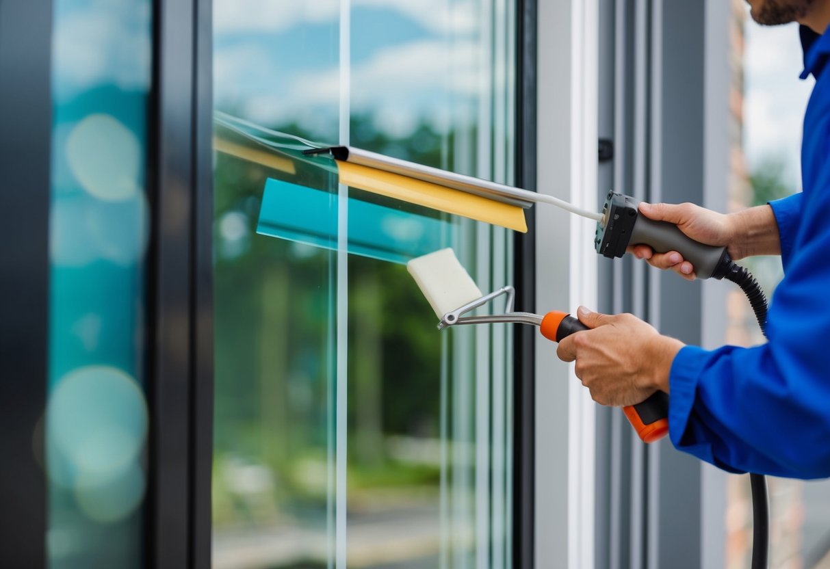 A technician applying window tint to the exterior of a glass window using a squeegee and heat gun