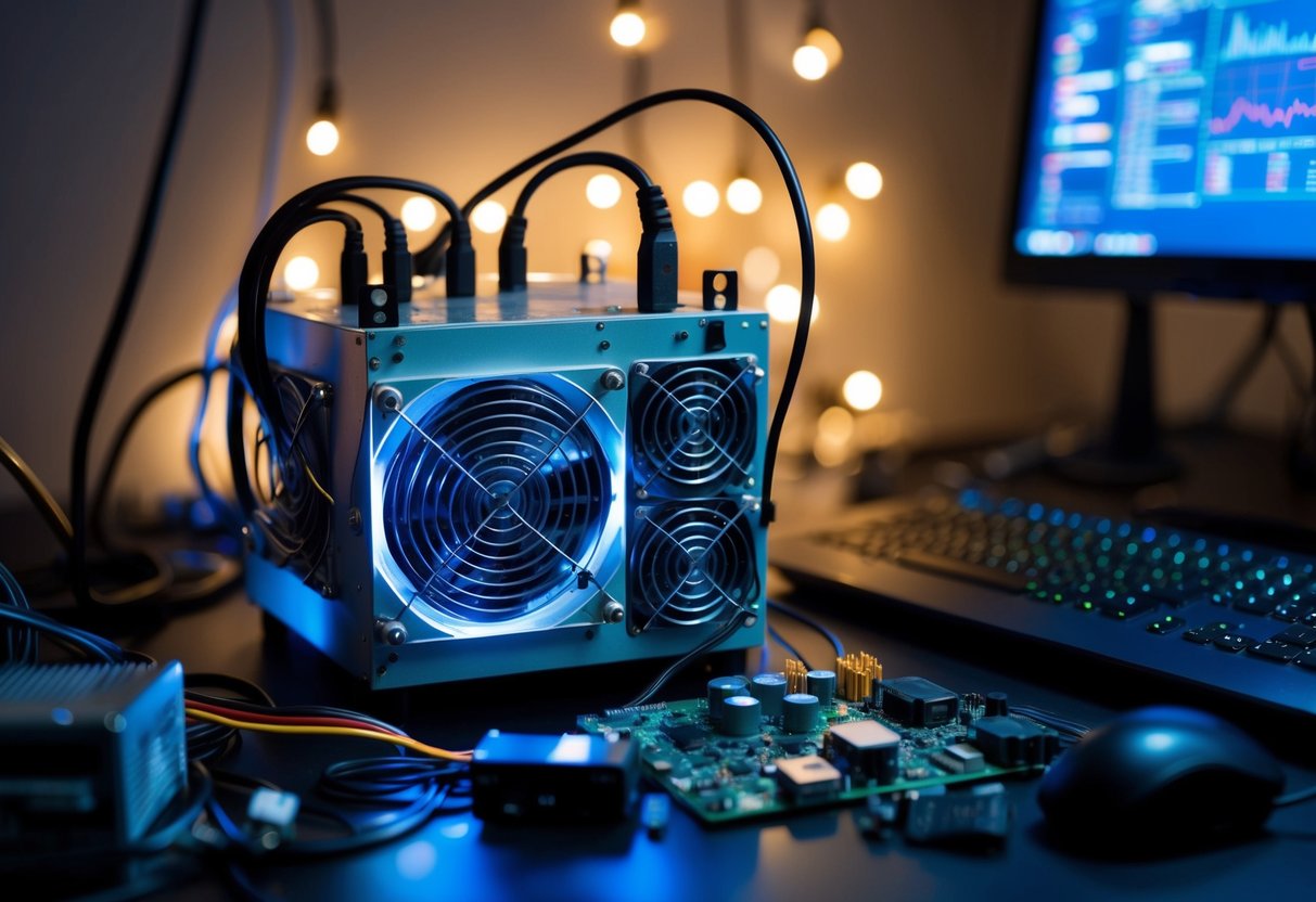 A small, makeshift mining rig hums as it processes data, surrounded by scattered computer parts and cables in a dimly lit room