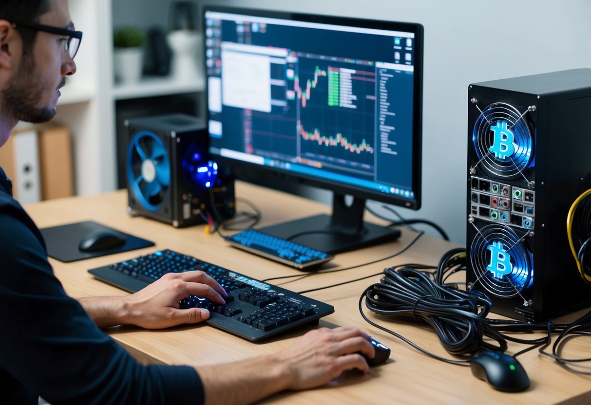 A person setting up a small, budget-friendly bitcoin mining operation in a home office, with a computer, mining rig, and various cables and equipment scattered on a desk