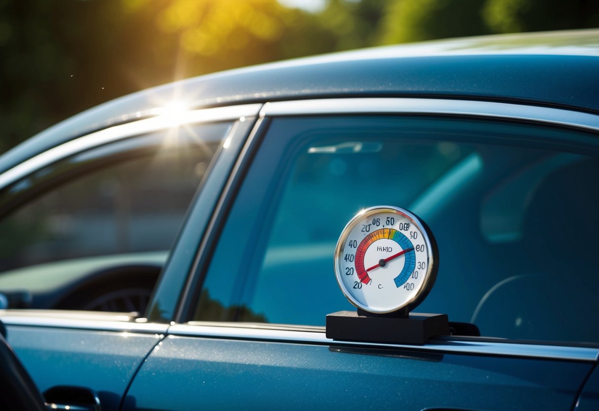 A car with tinted windows sits in the sun, while a thermometer inside shows a lower temperature compared to a car with untinted windows