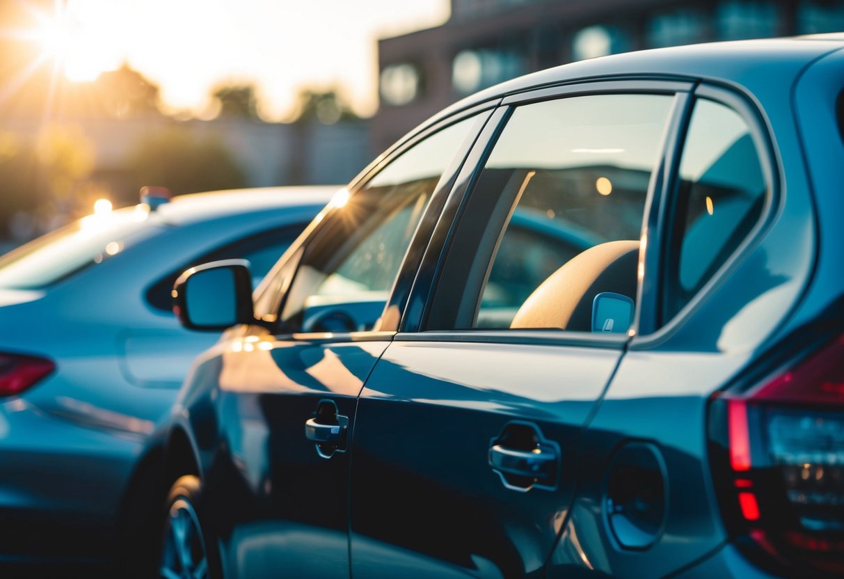 A car with tinted windows parked under the sun, showing reduced heat inside compared to a car with untinted windows