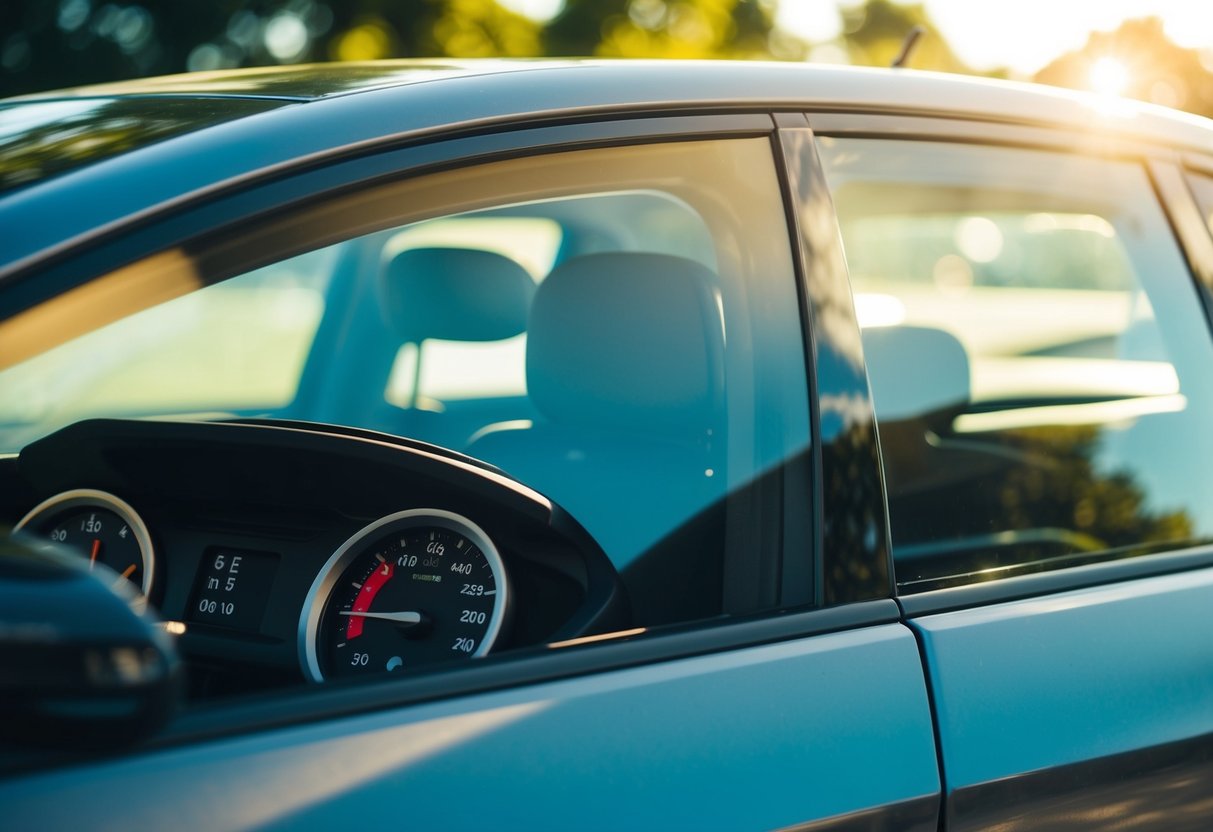 A car with window tint parked in direct sunlight, temperature gauge showing lower heat inside compared to a car without tint