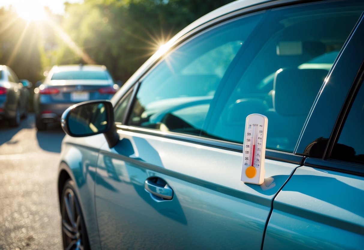 A car with different types of window tints installed, parked in direct sunlight, with a thermometer showing the temperature difference between tinted and non-tinted windows