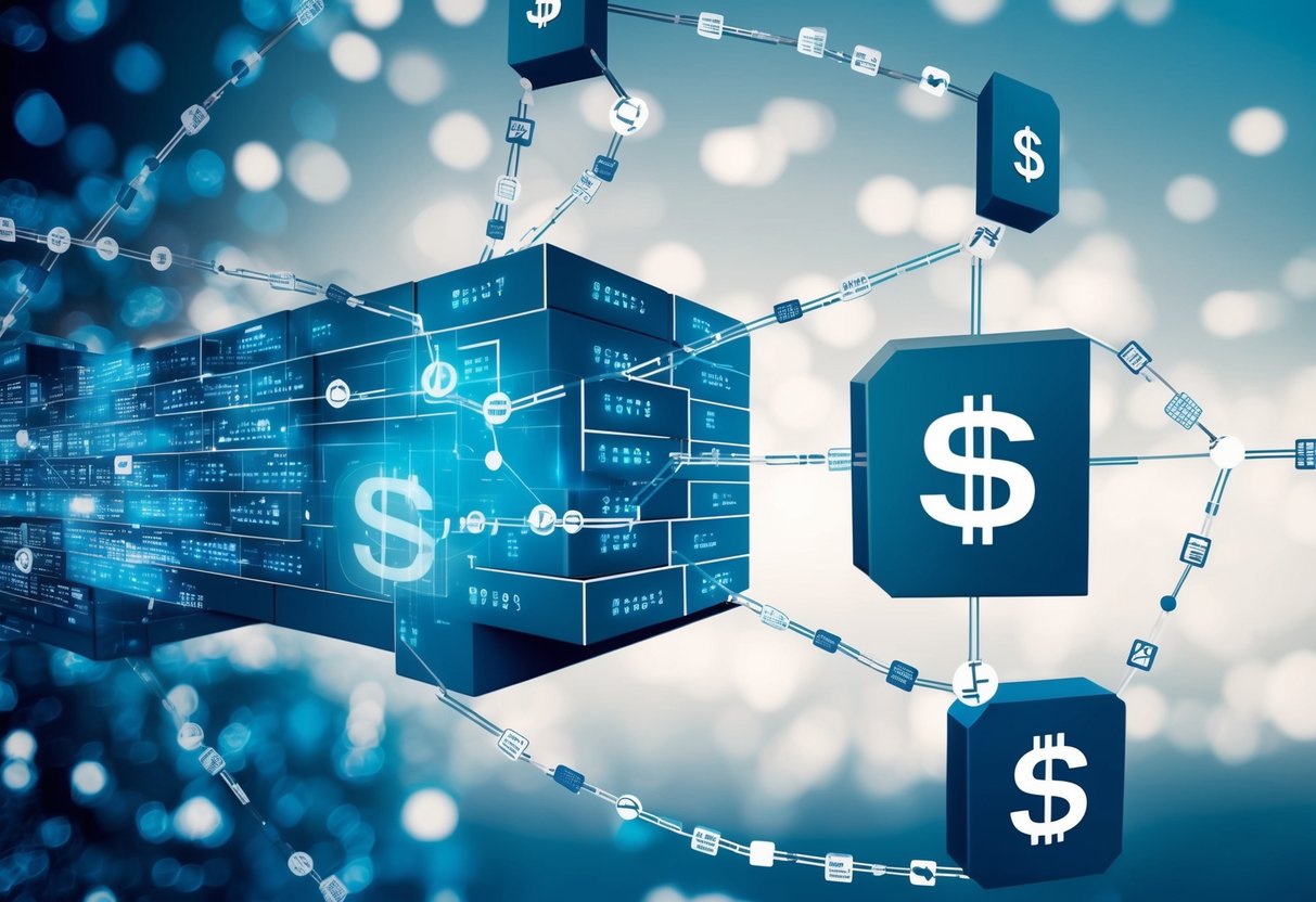 A network of interconnected blocks forming a chain, with financial symbols and data flowing through them, representing the revolutionary role of blockchain in finance