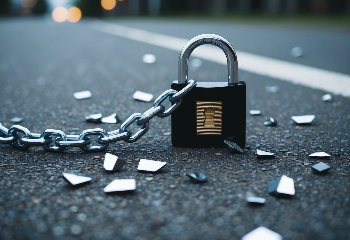 A broken chain with a padlock lying on the ground, surrounded by scattered pieces of shattered digital code