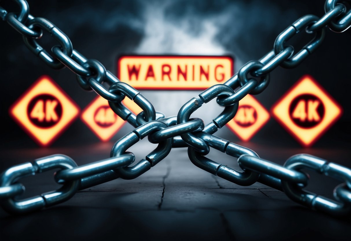 A chain with broken links, surrounded by ominous shadows and glowing red warning signs