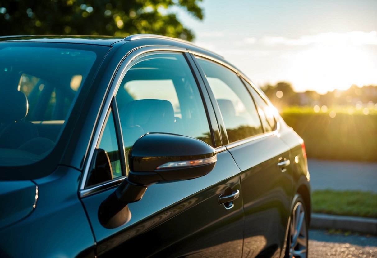 A car with tinted windows parked outside on a sunny day, with the sun shining through the windows and casting a shadow inside the vehicle