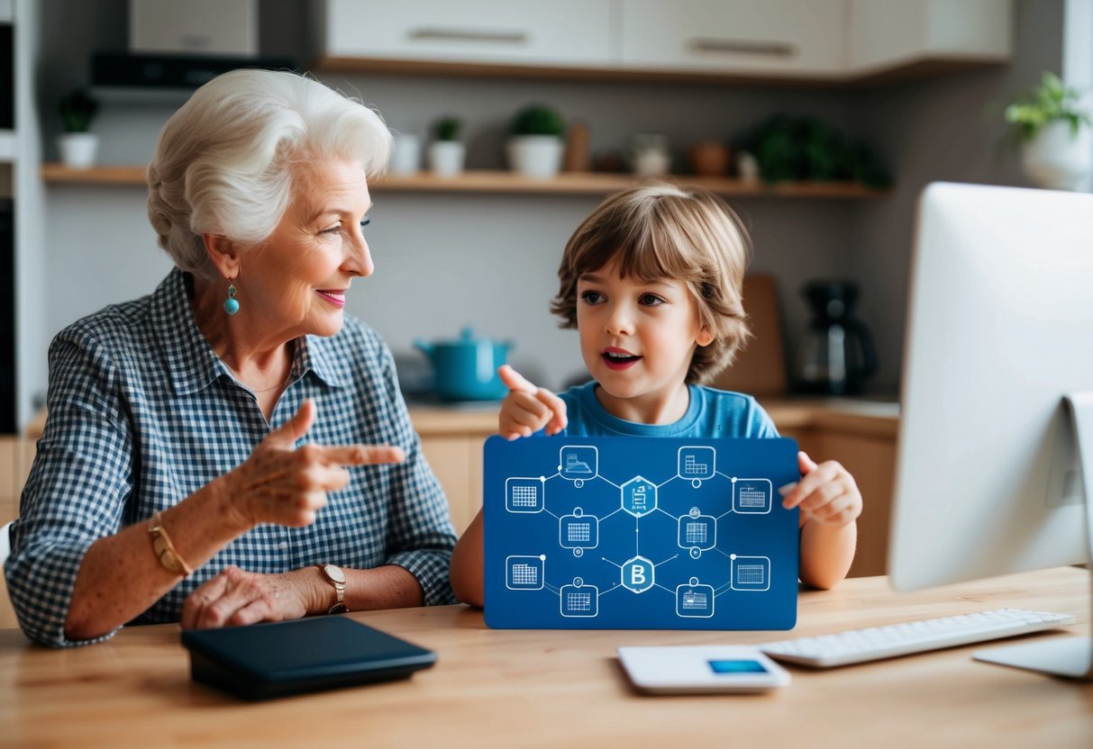 A grandmother and a child sit at a kitchen table with a computer and a diagram of interconnected blocks representing blockchain. The child gestures and explains enthusiastically while the grandmother listens attentively