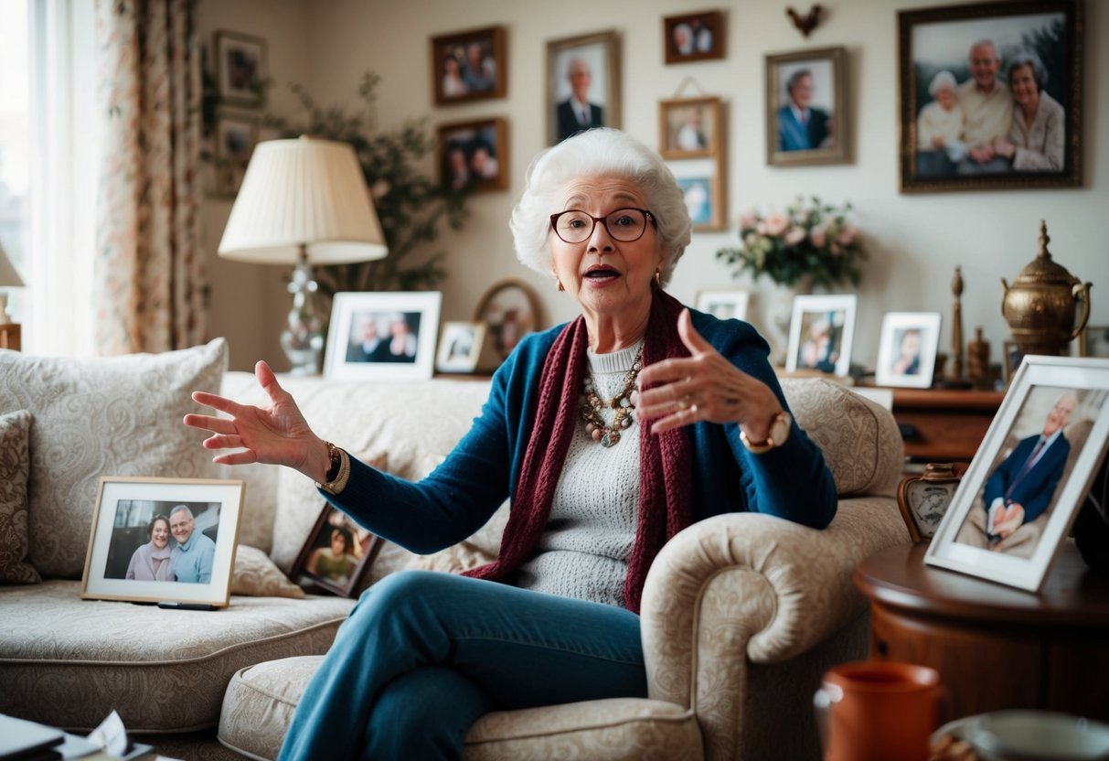 A grandmother sitting in a cozy living room, surrounded by family photos and antique decor. A young person gestures animatedly while explaining a complex concept using simple props