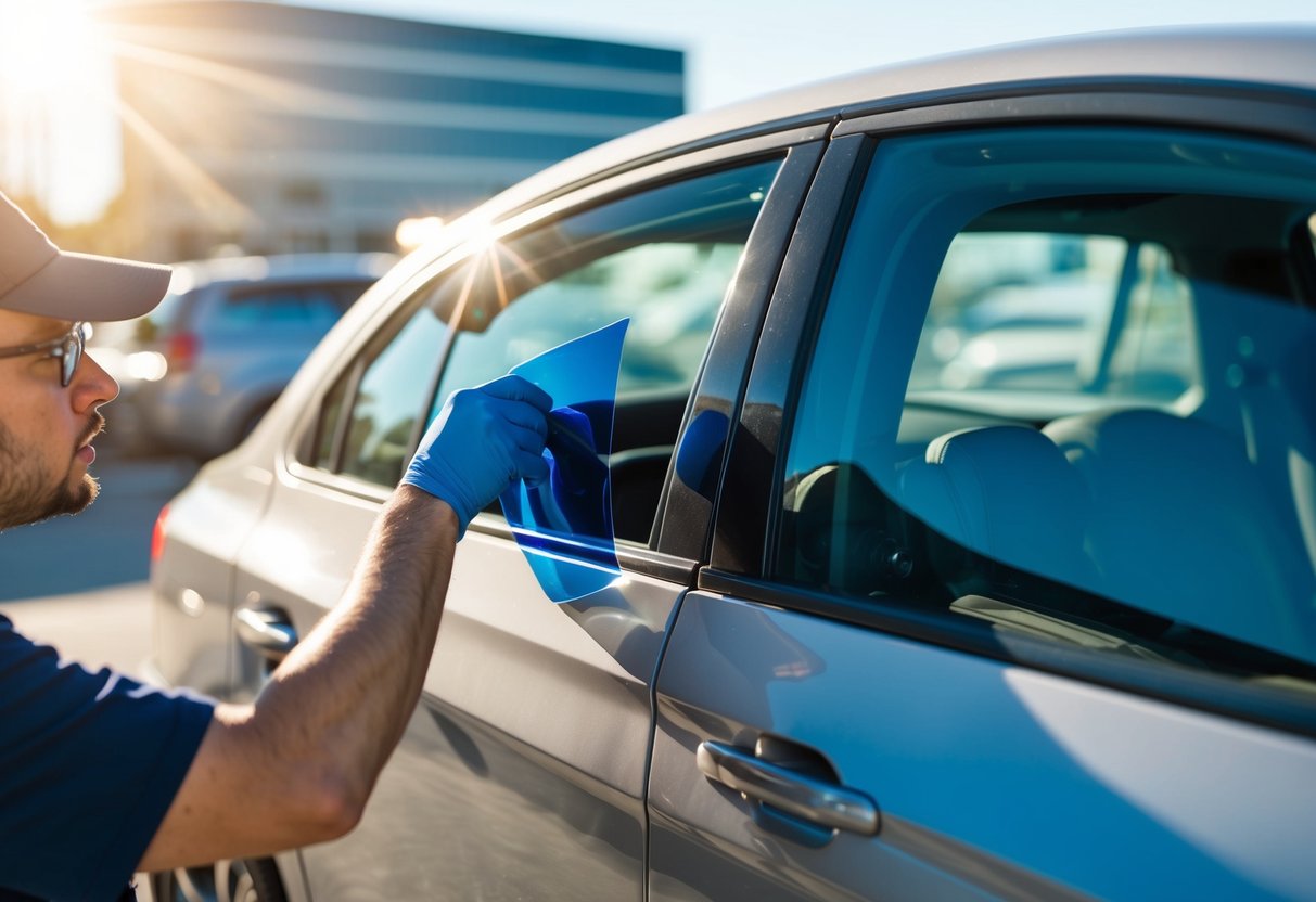 A car parked in a sunny location, with a technician applying window tint to the vehicle's windows. The sun is shining brightly, and the technician is focused on the installation process