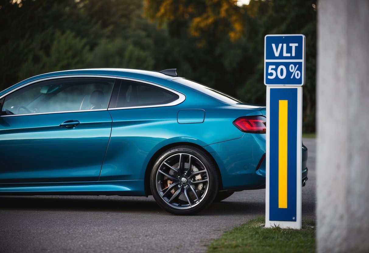 A sleek car with tinted windows parked next to a VLT percentage sign