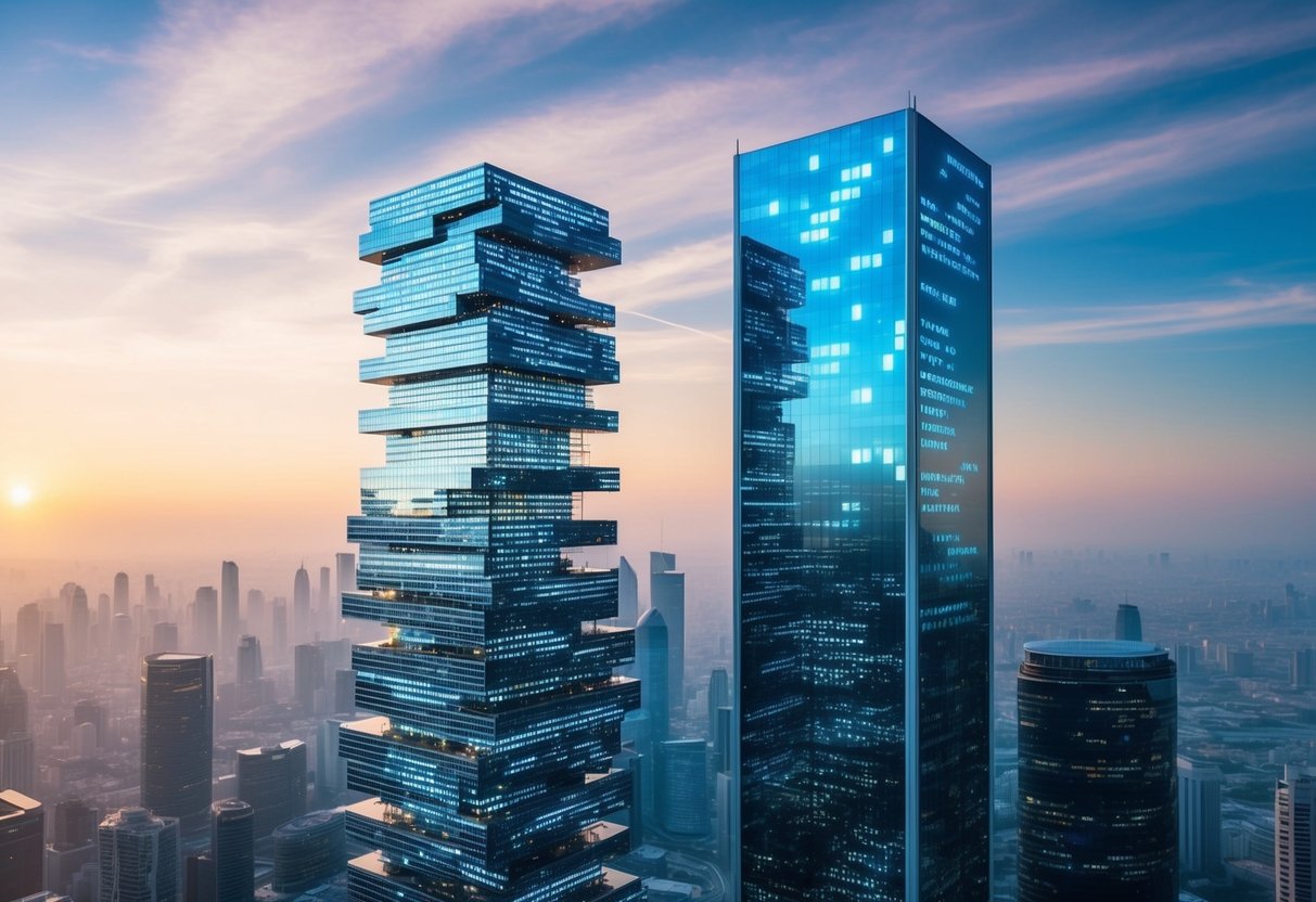 A futuristic cityscape with two towering structures, one representing blockchain with interconnected blocks, and the other representing traditional databases with rows and columns