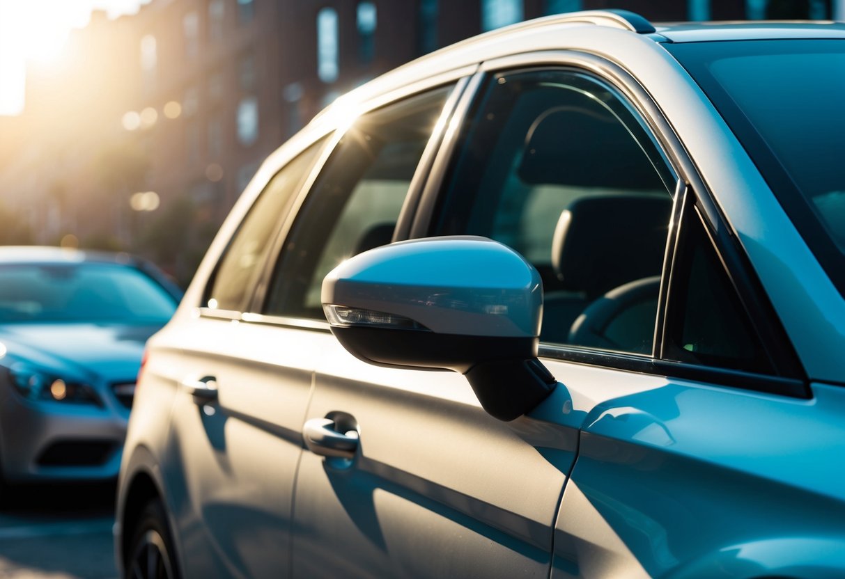 A car with tinted windows parked in direct sunlight